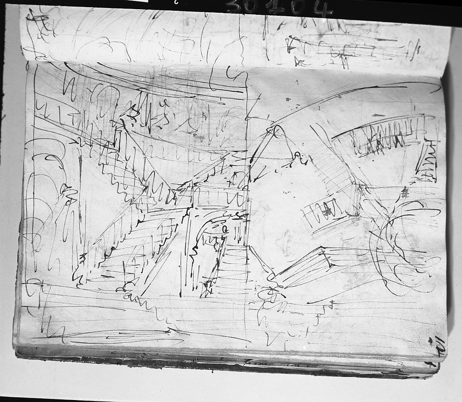 abbozzo di scalee e pianta di scena/ schizzo di ornati e mitria vescovile (disegno, elemento d'insieme) di Galliari Fabrizio (attribuito) (sec. XVIII)