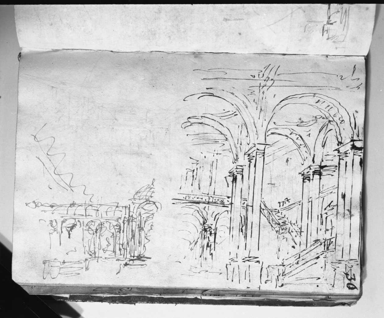 abbozzo di atrio e colonnato a destra, loggie (?)/ schizzo di giardino (disegno, elemento d'insieme) di Galliari Fabrizio (attribuito) (sec. XVIII)