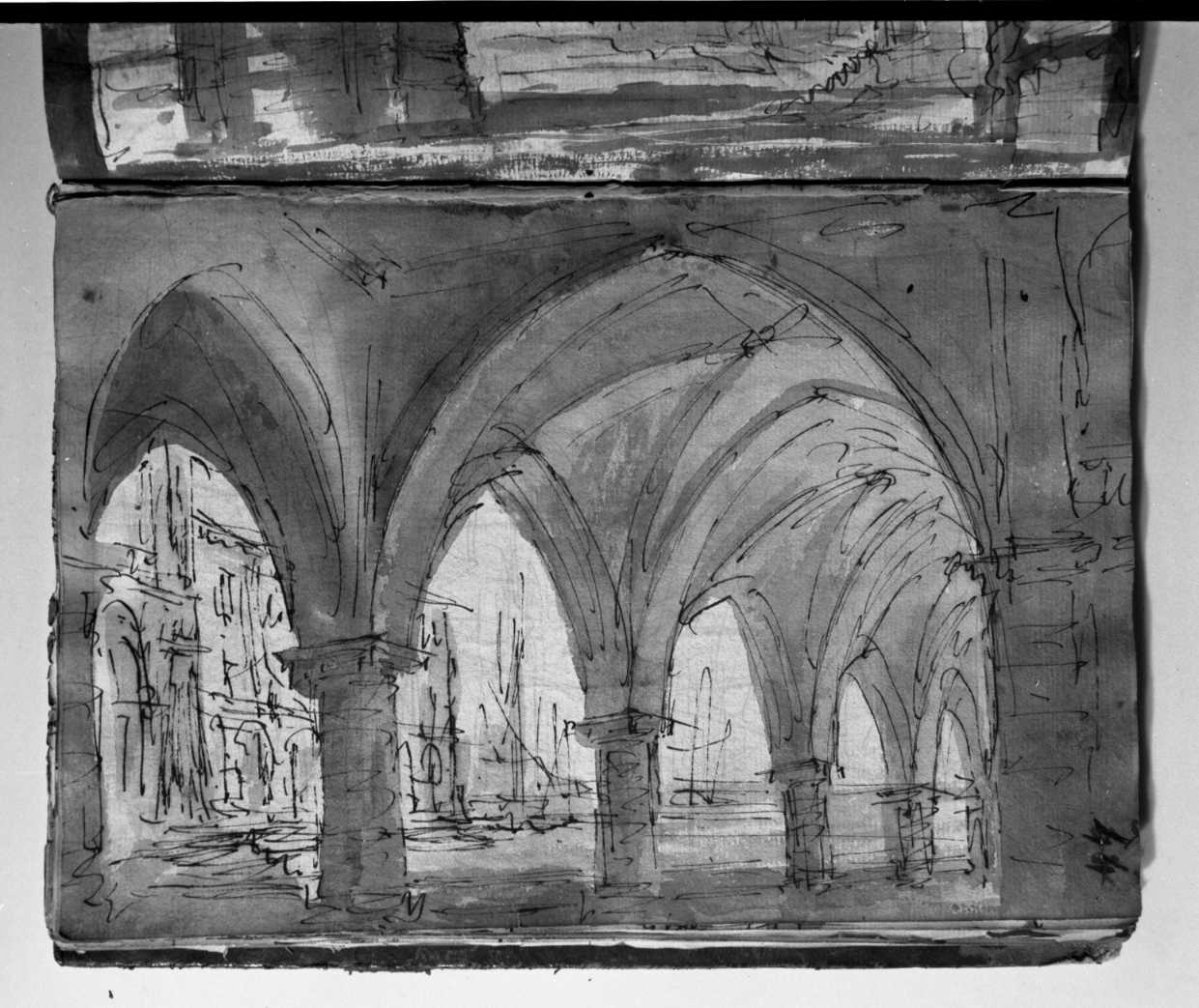 portico gotico e vista di porto di mare (disegno, elemento d'insieme) di Galliari Fabrizio (attribuito) (sec. XVIII)