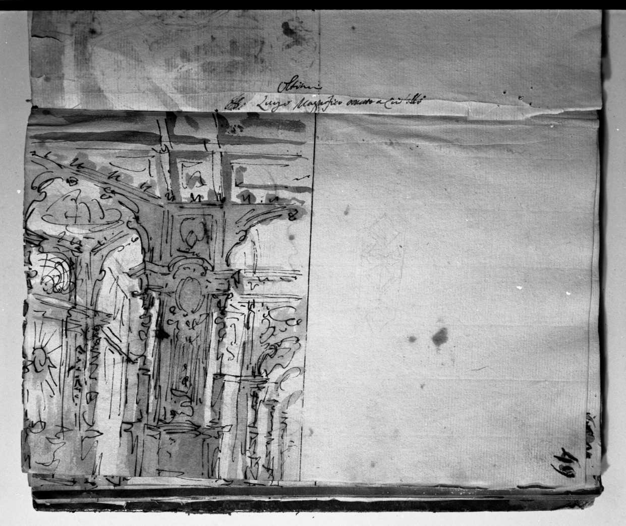 angolo di salone con specchi/ schizzo di interno con archi (disegno, elemento d'insieme) di Galliari Fabrizio (attribuito) (sec. XVIII)