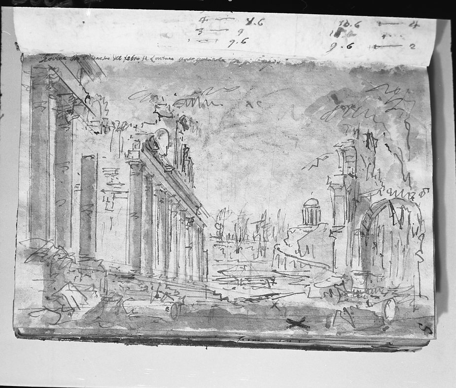 rovine vicino a Tebro/ schizzo indecifrabile (disegno, elemento d'insieme) di Galliari Fabrizio (attribuito) (sec. XVIII)