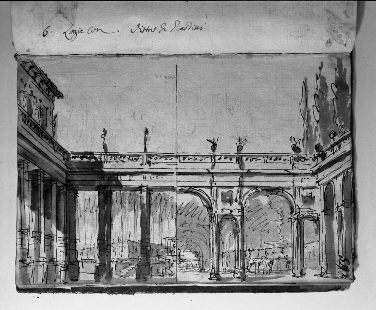 due schizzi di logge con giardini/ interno di fortezza eletta (disegno, elemento d'insieme) di Galliari Fabrizio (attribuito) (sec. XVIII)