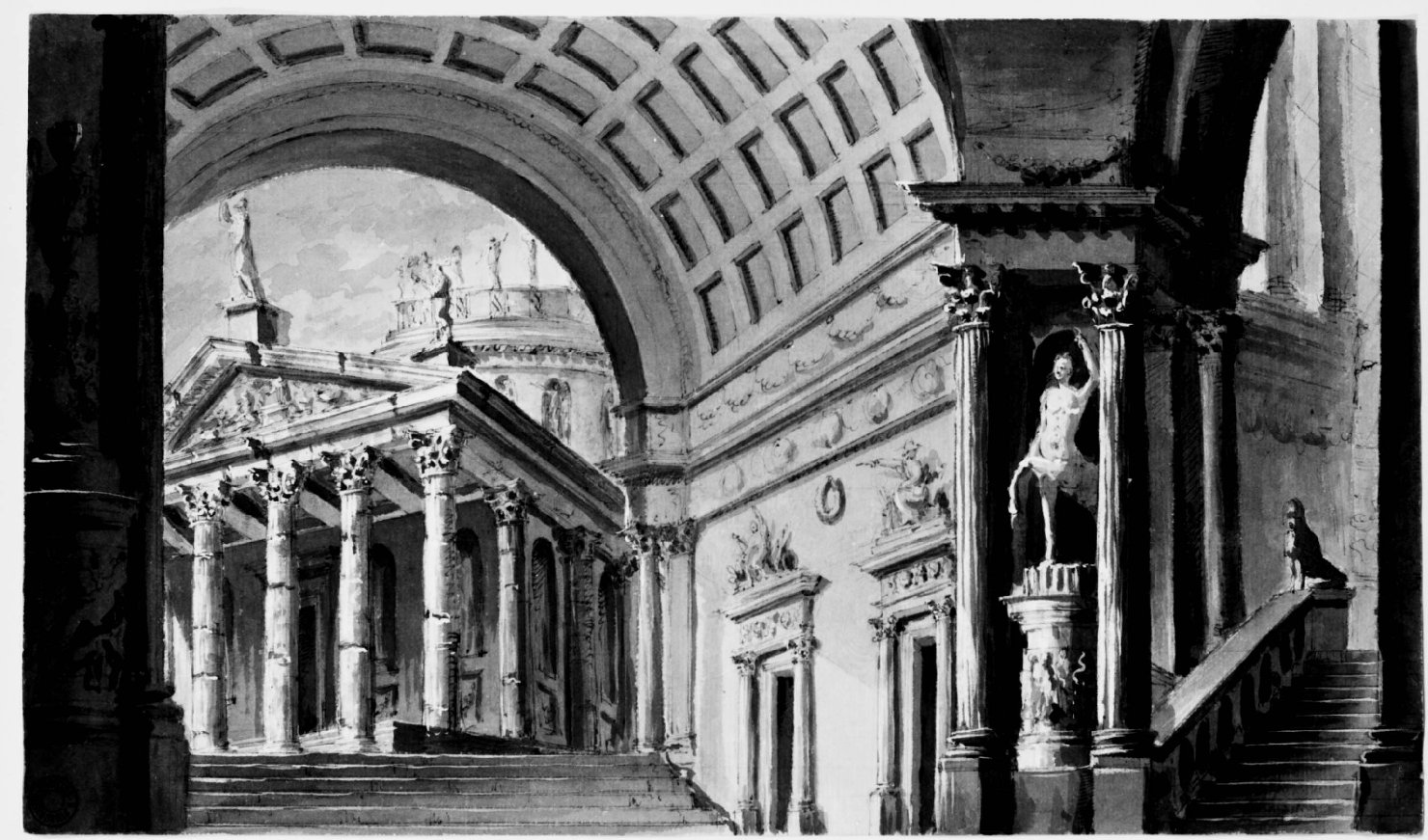 Veduta prospettica di un tempio osservato da un palazzo (disegno) di Basoli Antonio (prima metà sec. XIX)