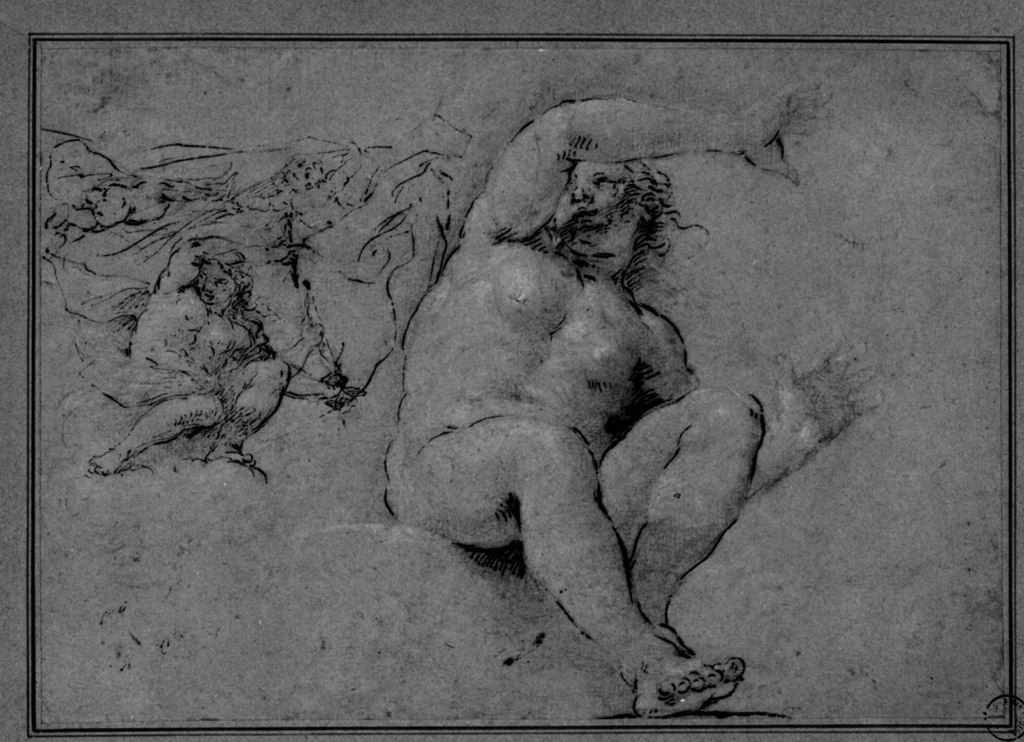 due figure nude e putti reggicortina (disegno) di Colonna Angelo Michele (sec. XVII)