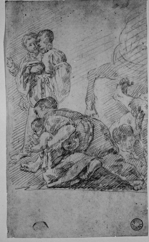 Figura femminile con bambino, due giovani e un cavallo sullo sfondo con uomo a terra (disegno) di Burrini Giovan Antonio (attribuito) (ultimo quarto sec. XVII)