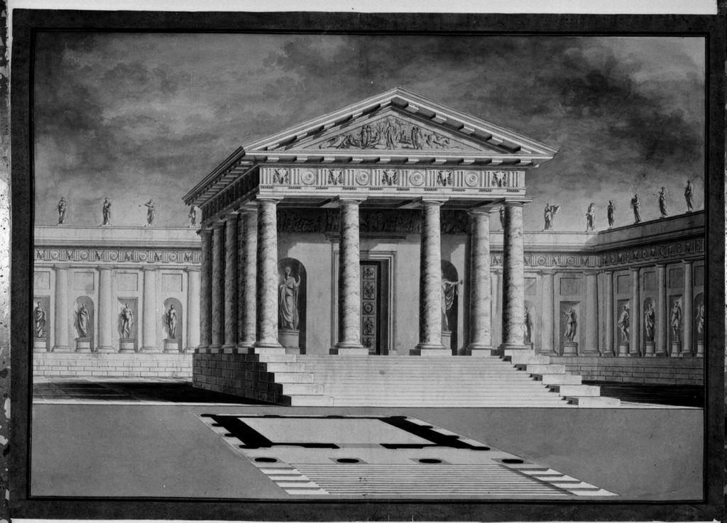 Veduta prospettica di tempio dorico (disegno) di Basoli Antonio (attribuito) (secondo quarto sec. XIX)