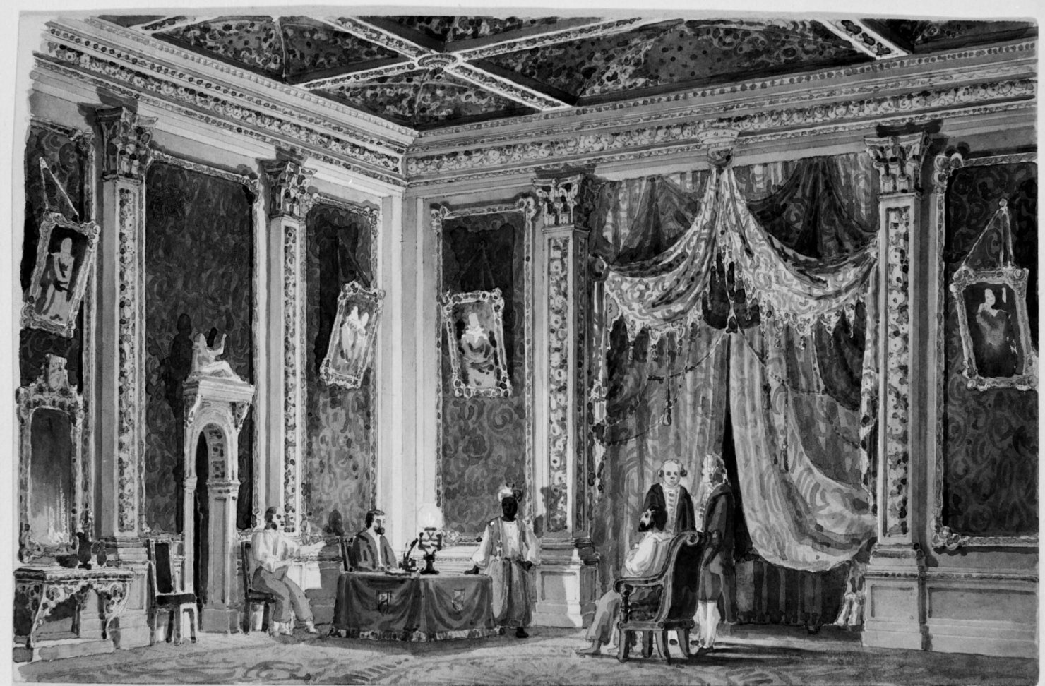 Camera da letto nel viale della vedova n. 17 (MIsteri di Parigi), Interno di casa nobiliare (disegno) di Basoli Antonio (sec. XIX)