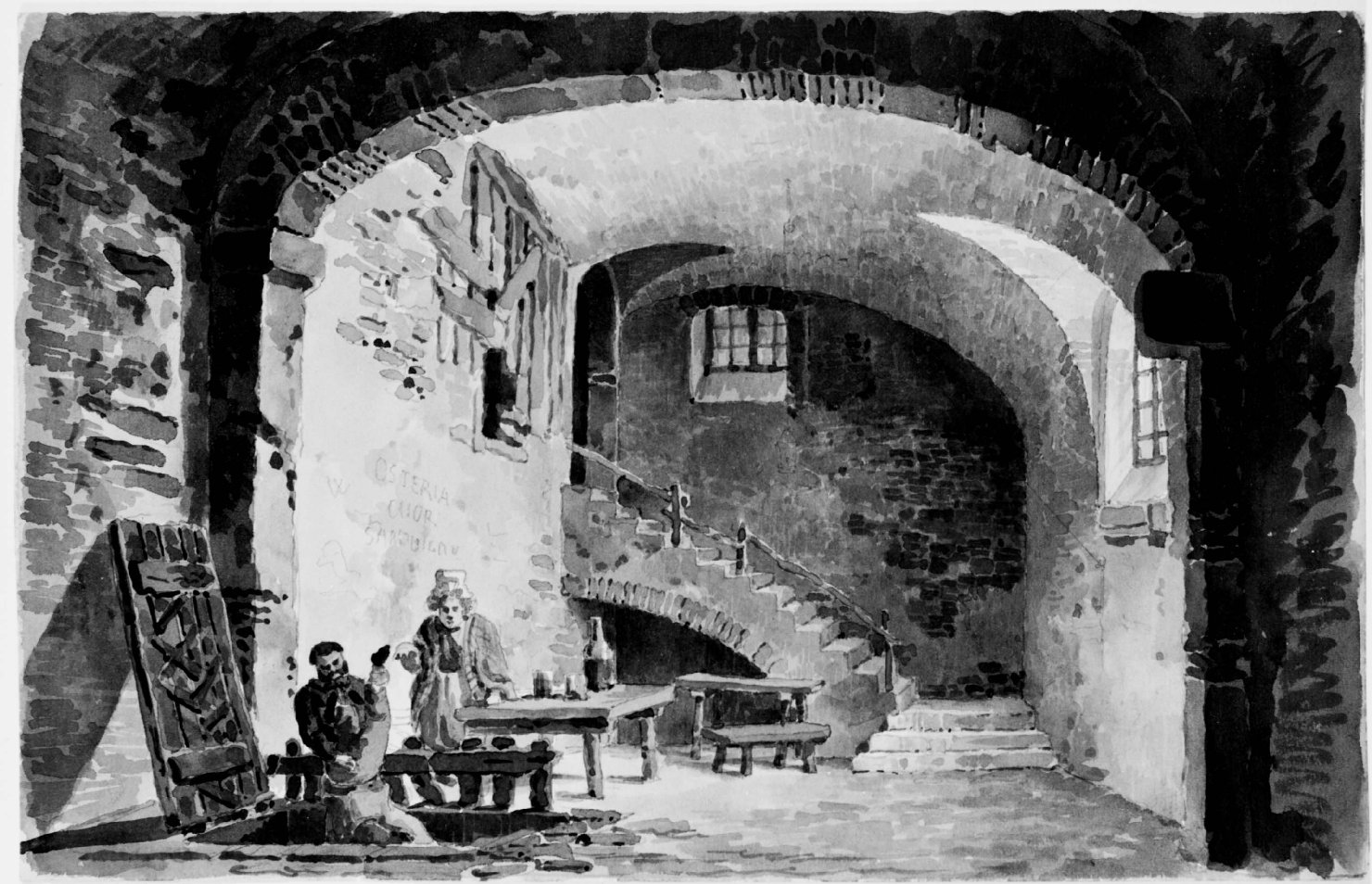 Camera della bettola al cuor sanguinoso (Misteri di Parigi), Interno di osteria (disegno) di Basoli Antonio (sec. XIX)