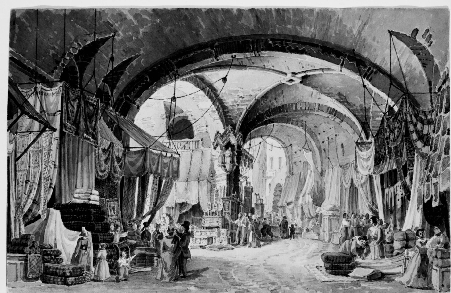 Bazar al tempio, Architettura a volte con bazar (disegno) di Basoli Antonio (prima metà sec. XIX)