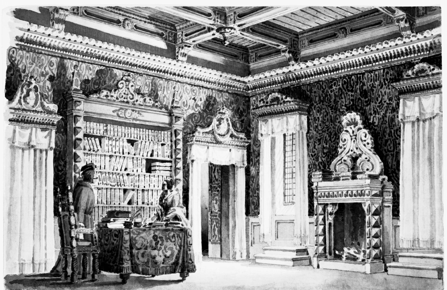 Studio privato di Ferraud, Interno di biblioteca (disegno) di Basoli Antonio (prima metà sec. XIX)