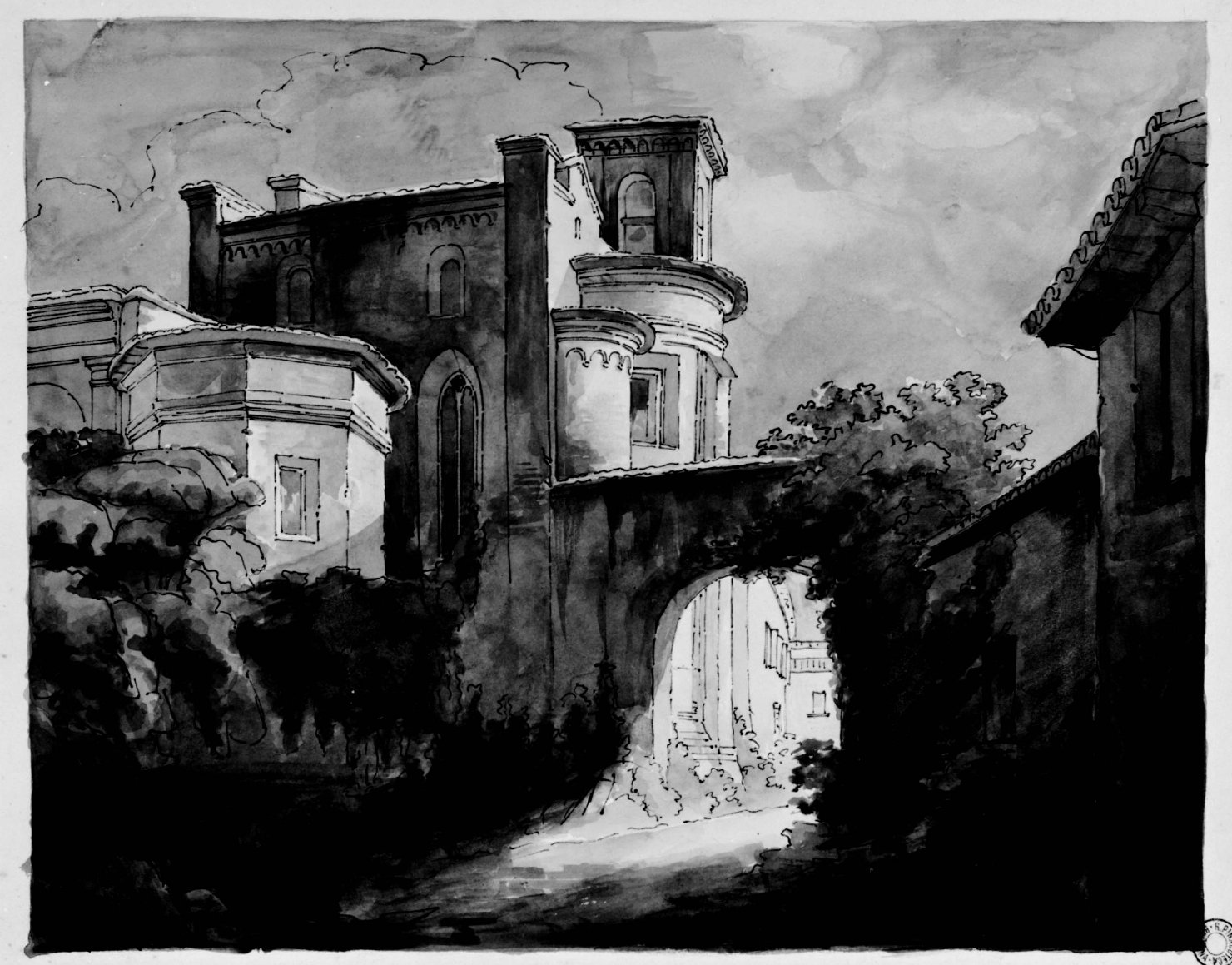 Veduta di borgo con chiesa (disegno) di Basoli Antonio (prima metà sec. XIX)