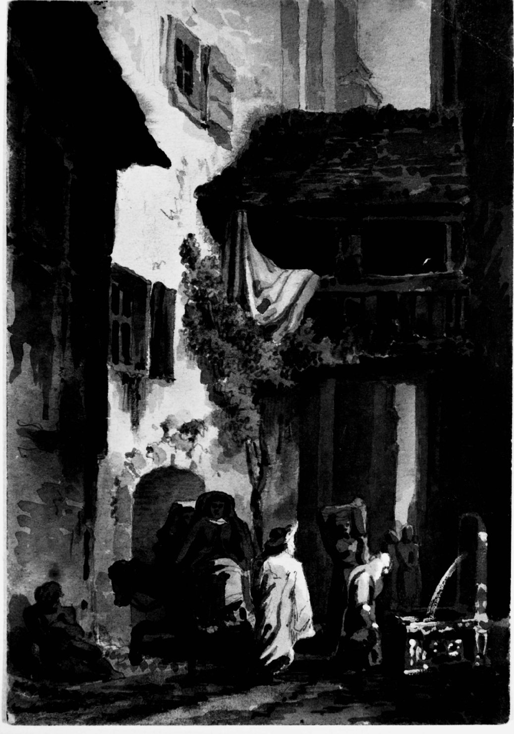 Bassa Rabia, Scena di genere con viandanti nei pressi di una fontana (disegno) di Basoli Antonio (maniera) (metà sec. XIX)
