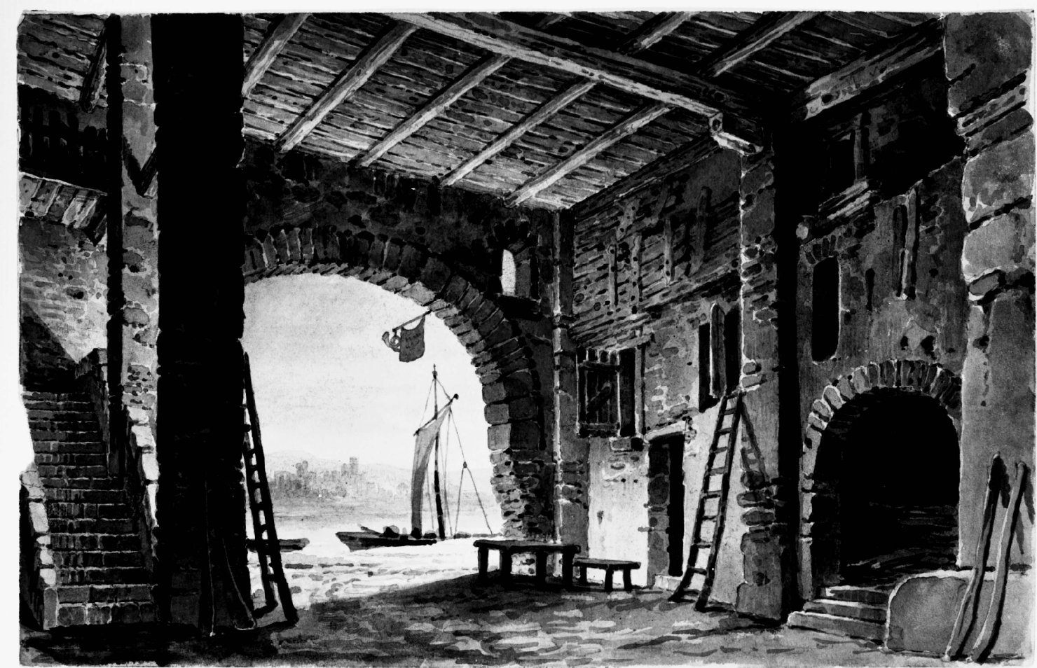 Tana all'isola dei predatori, Casolare in riva al mare (disegno) di Basoli Antonio (prima metà sec. XIX)