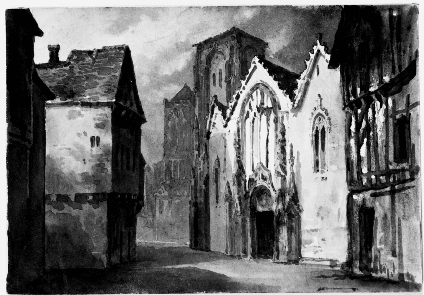 Veduta di strada con case e una chiesa (disegno) di Basoli Antonio (maniera) (metà sec. XIX)