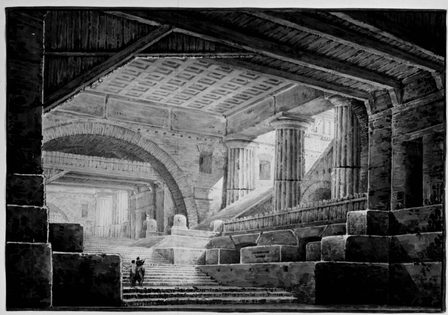 Veduta prospettica dell'interno di un edificio classico (disegno) di Basoli Antonio (primo quarto sec. XIX)