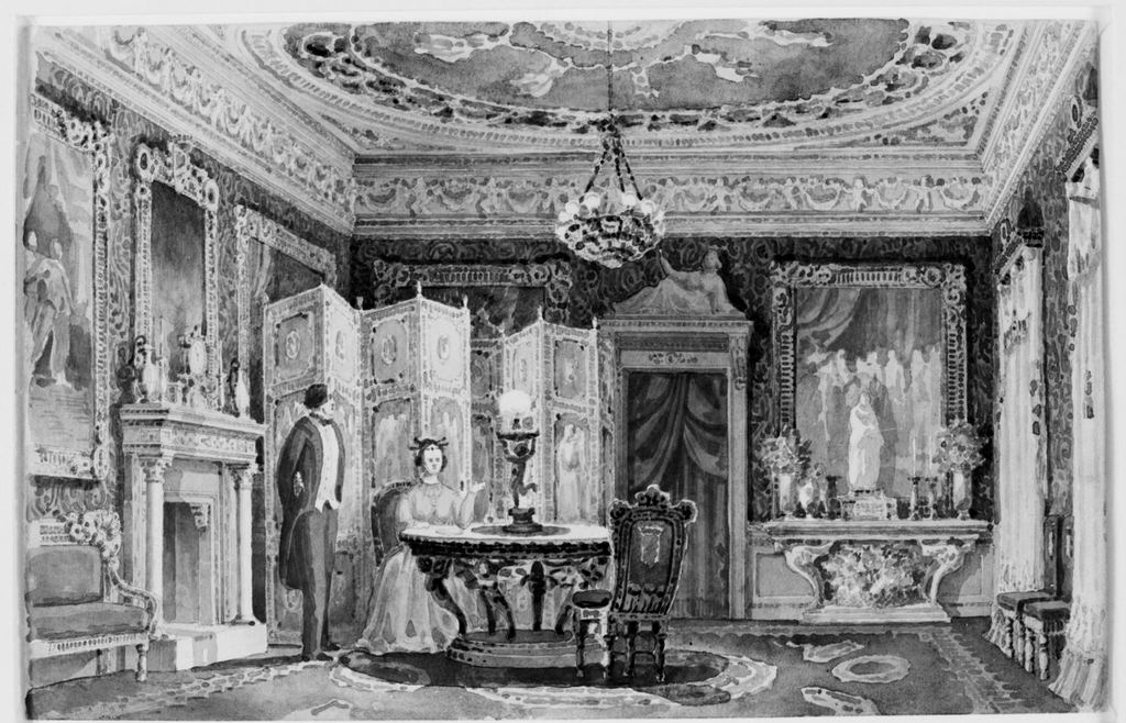 Gabinetto della Marchesa di Narville, Interno barocco (disegno) di Basoli Antonio (prima metà sec. XIX)