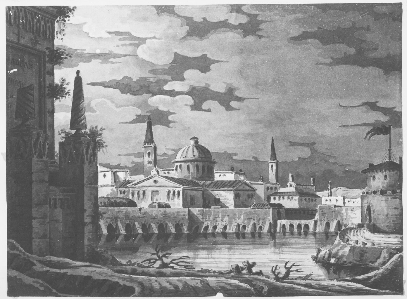 Veduta di città posta lungo il corso di un fiume (disegno) di Basoli Antonio (maniera) (secondo quarto sec. XIX)