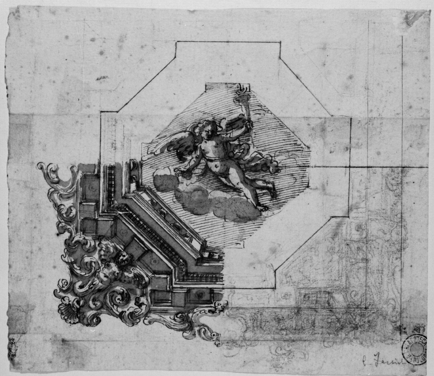 quadratura architettonica con angelo (disegno) di Colonna Angelo Michele (metà sec. XVII)