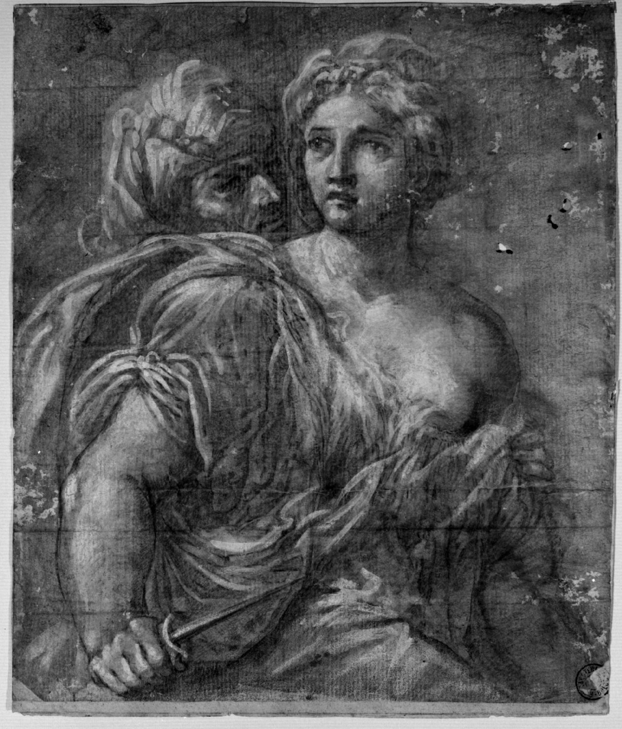 Figura femminile con pugnale, e uomo alle spalle (disegno) di Burrini Giovan Antonio (primo quarto sec. XVIII)