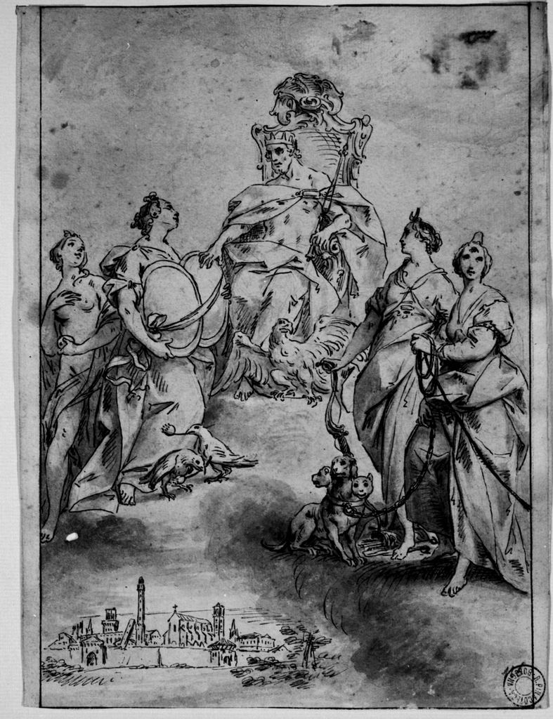 Giunone pronuba offre a Giove gli stemmi delle famiglie Lambertini e Sarvo gnan, Zeus e Giunone con immagine di Bologna (disegno) di Bigari Vittorio Maria (sec. XVIII)