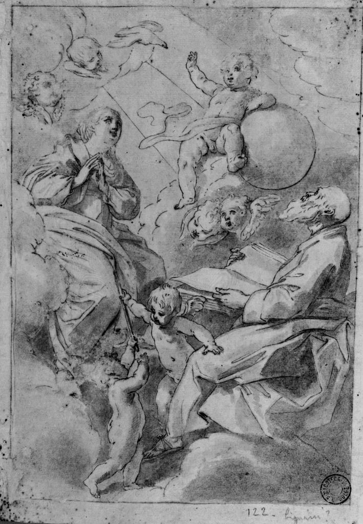 Gesù Bambino benedicente in gloria con la Vergine e un Santo (disegno) di Cignani Carlo (seconda metà sec. XVII)