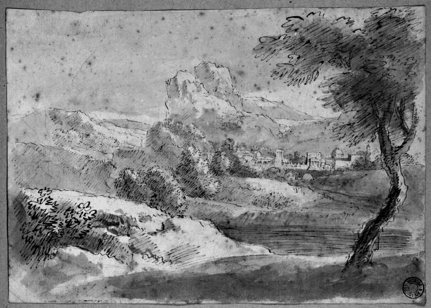 Paesaggio con città sullo sfondo (disegno) di Campedelli Ottavio (attribuito) (secondo quarto sec. XIX)