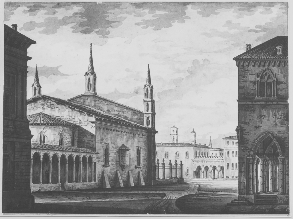 Veduta di città medievale (disegno) di Basoli Antonio (maniera) (secondo quarto sec. XIX)