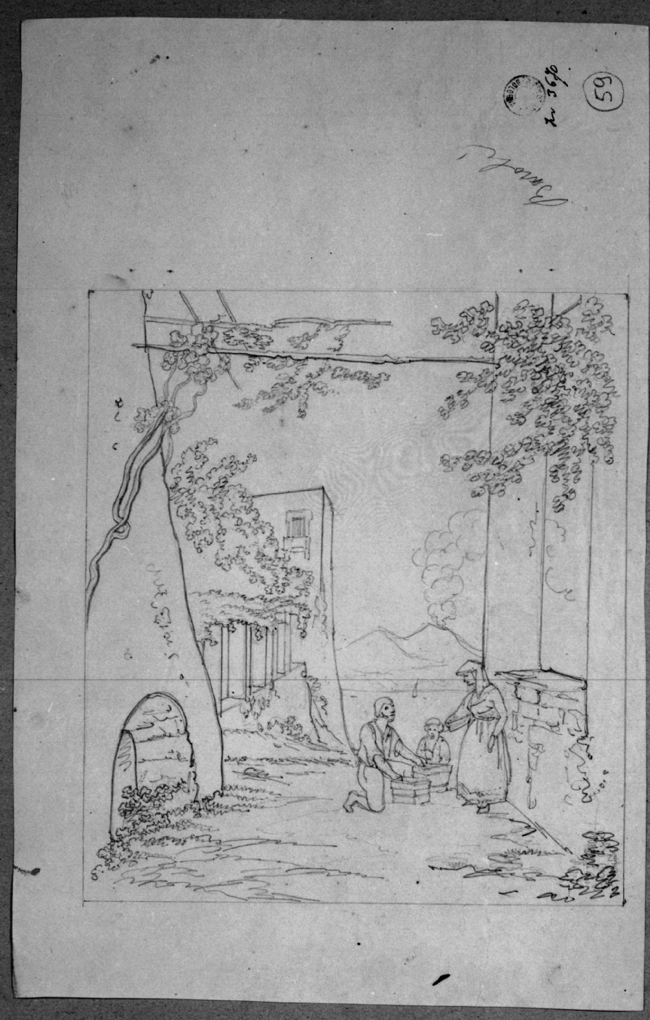 Paesaggio con figure in riva al mare, e vulcano sullo sfondo (disegno) di Basoli Antonio (prima metà sec. XIX)