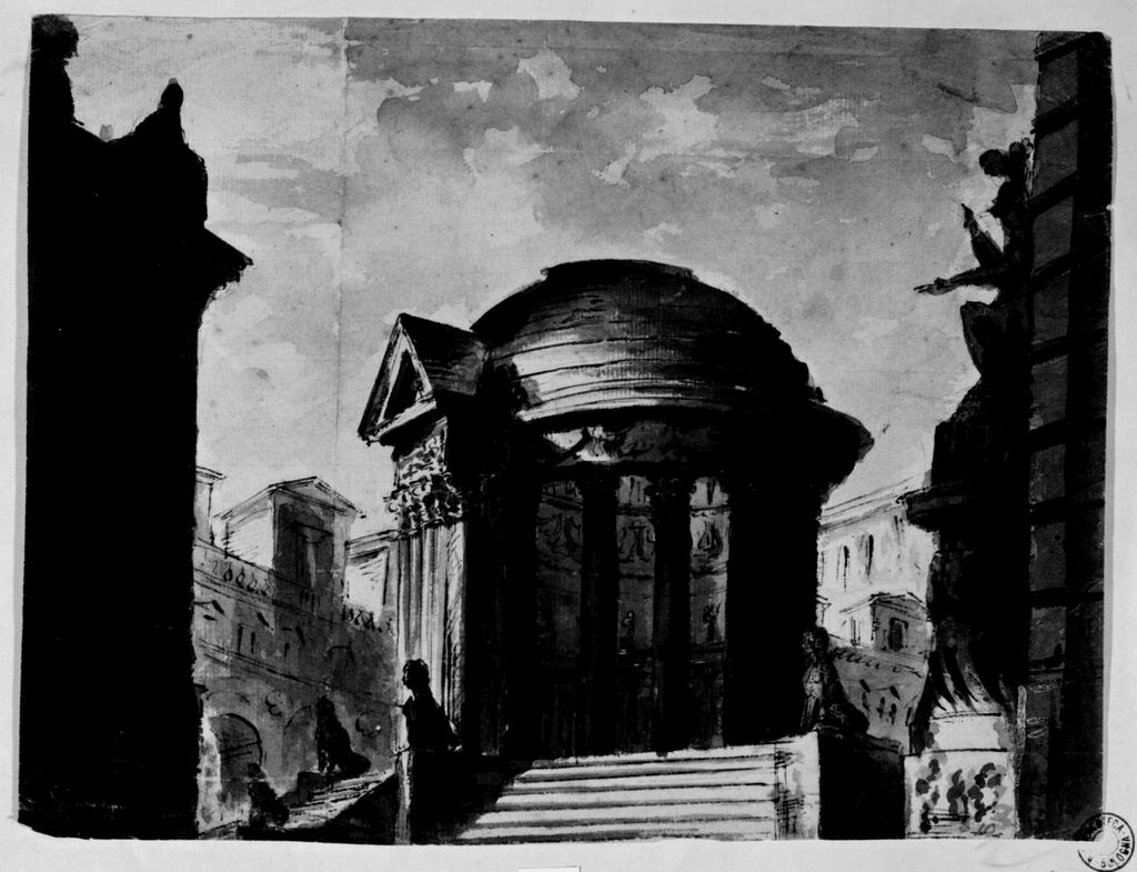 veduta di un tempio antico, a pianta circolare (disegno) di Braccioli Mauro (secc. XVIII/ XIX)