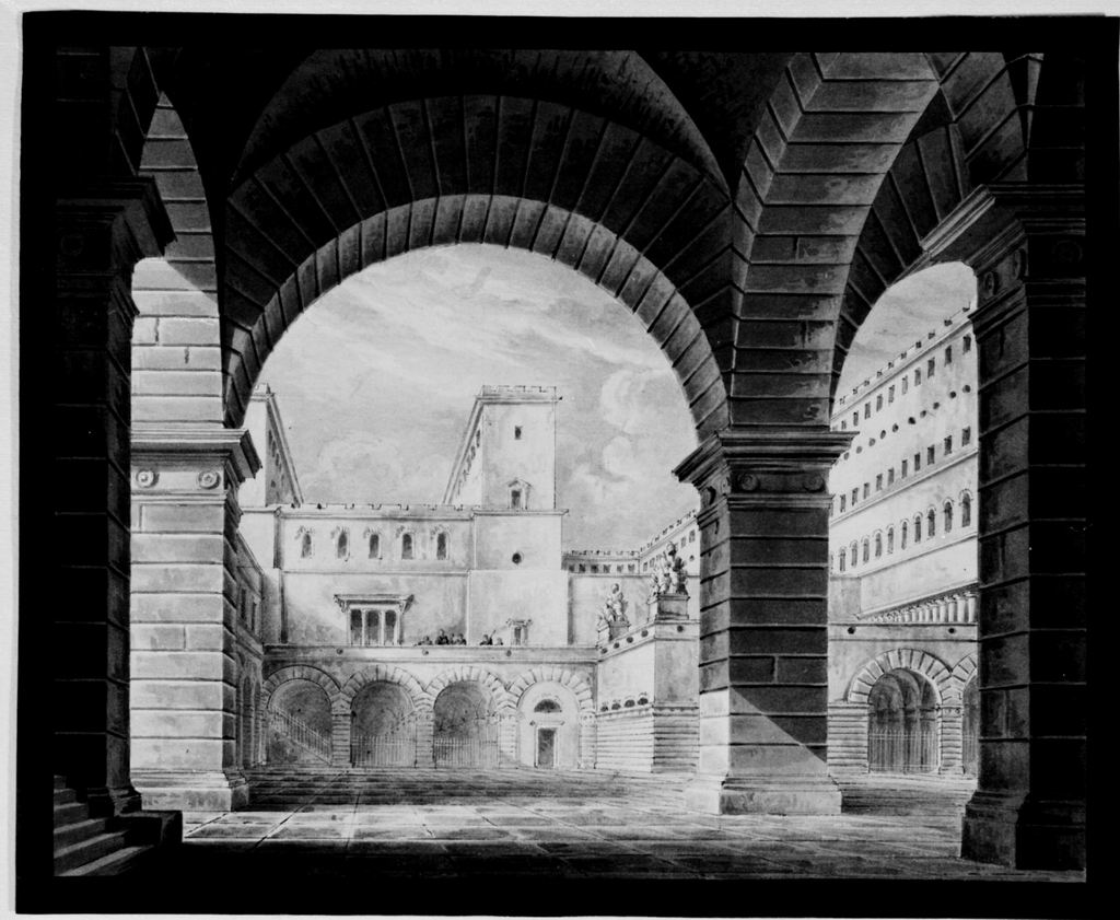Veduta di edifici porticati, con figure (disegno) di Basoli Antonio (prima metà sec. XIX)