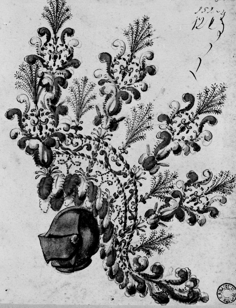elmo piumato (disegno) - ambito emiliano (seconda metà sec. XVIII)