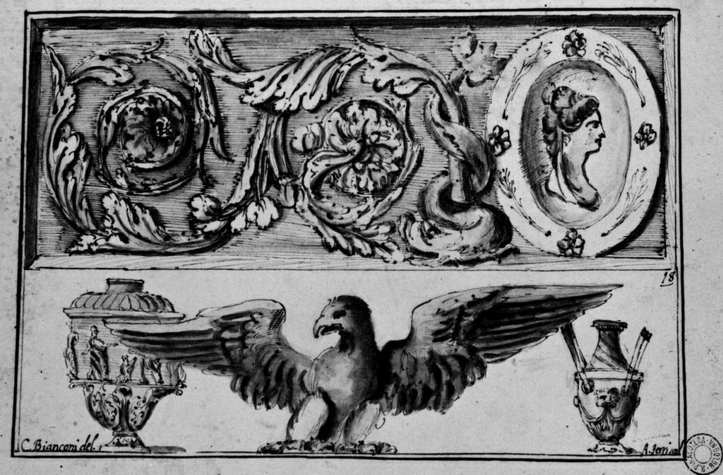 Acquila, clipeo, vasi e motivi decorativi a volute (disegno) di Ferri Angelo (seconda metà sec. XVIII)