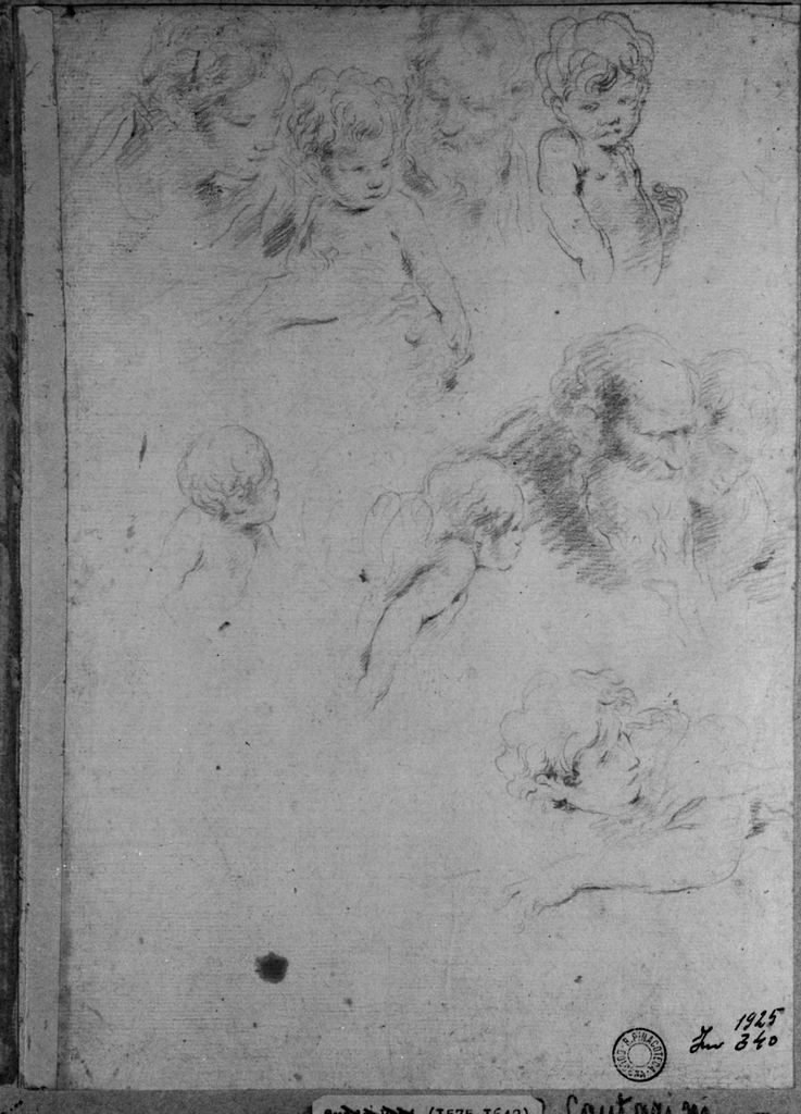 Teste maschili, donna con bambino, Angeli (disegno) di Cantarini Simone detto Pesarese (sec. XVII)