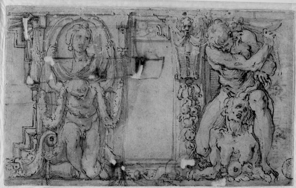 fregio con telamoni e motivi decorativi (disegno) di Carracci Annibale, Carracci Agostino (sec. XVI)