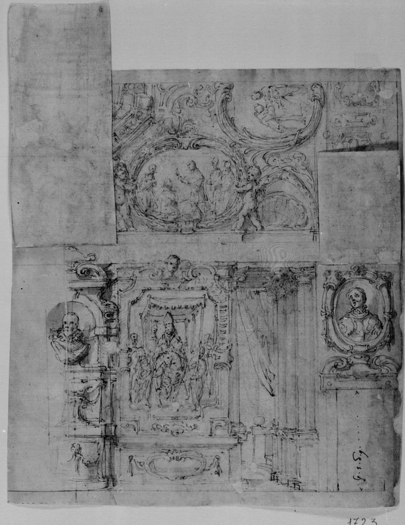 Papa a cavallo, elementi architettonici con busti e motivi decorativi con putti e scene sacre (disegno) di Baglione Giovanni (attribuito) (fine/inizio secc. XVI/ XVII)