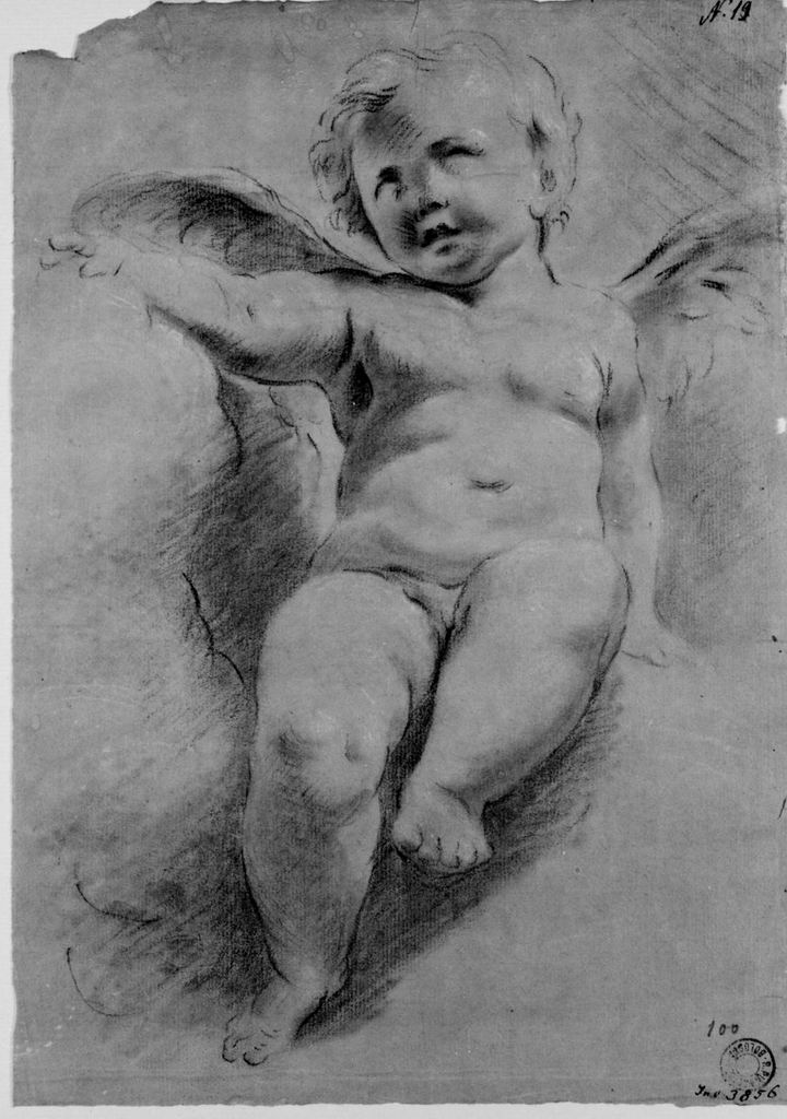 Putto seduto su nuvole (disegno) di Bigari Vittorio Maria (sec. XVIII)
