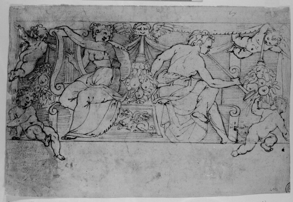 Fregio con figure musicanti e putti (disegno) di Alberti Cherubino (bottega) (fine/inizio secc. XVI/ XVII)