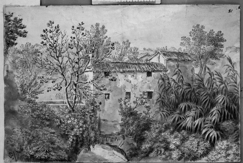 Paesaggio fluviale con casolare (disegno) di Savini Giacomo (attribuito) (sec. XIX)