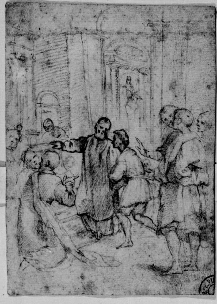 Interno di chiesa con figure (disegno) di Allori Cristofano (cerchia) - ambito senese (prima metà sec. XVII)