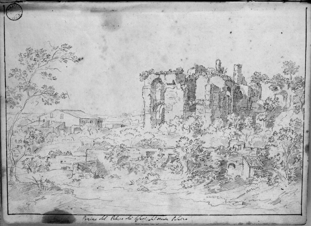paesaggio con rudere antico (disegno, elemento d'insieme) di Campedelli Ottavio (metà sec. XIX)