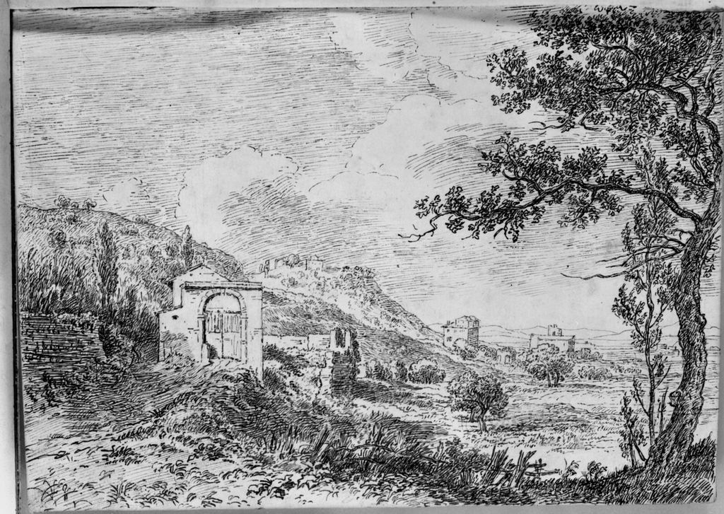paesaggio con rovine (disegno, elemento d'insieme) di Campedelli Ottavio (metà sec. XIX)