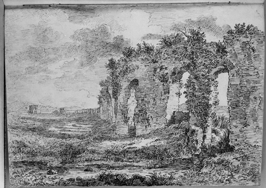 paesaggio con acquedotto romano (disegno, elemento d'insieme) di Campedelli Ottavio (metà sec. XIX)