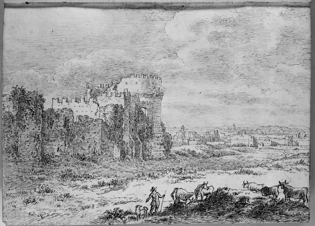 paesaggio con rovine (disegno, elemento d'insieme) di Campedelli Ottavio (metà sec. XIX)