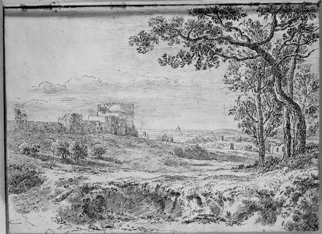 paesaggio con rovine (disegno, elemento d'insieme) di Campedelli Ottavio (metà sec. XIX)