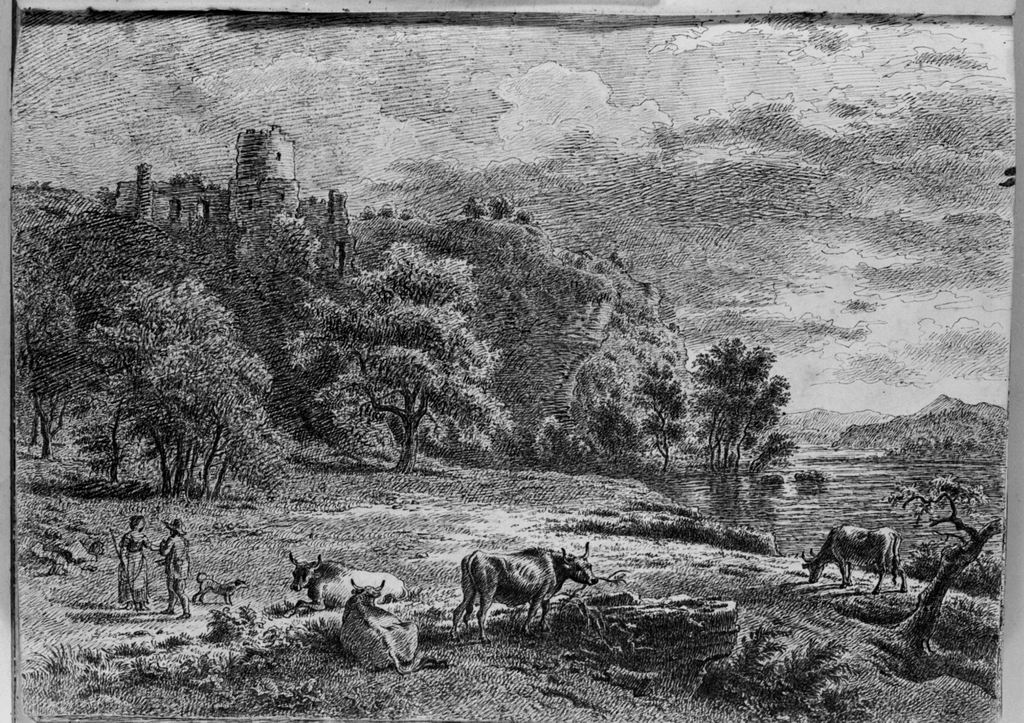 paesaggio con rovine (disegno, elemento d'insieme) di Campedelli Ottavio (metà sec. XIX)