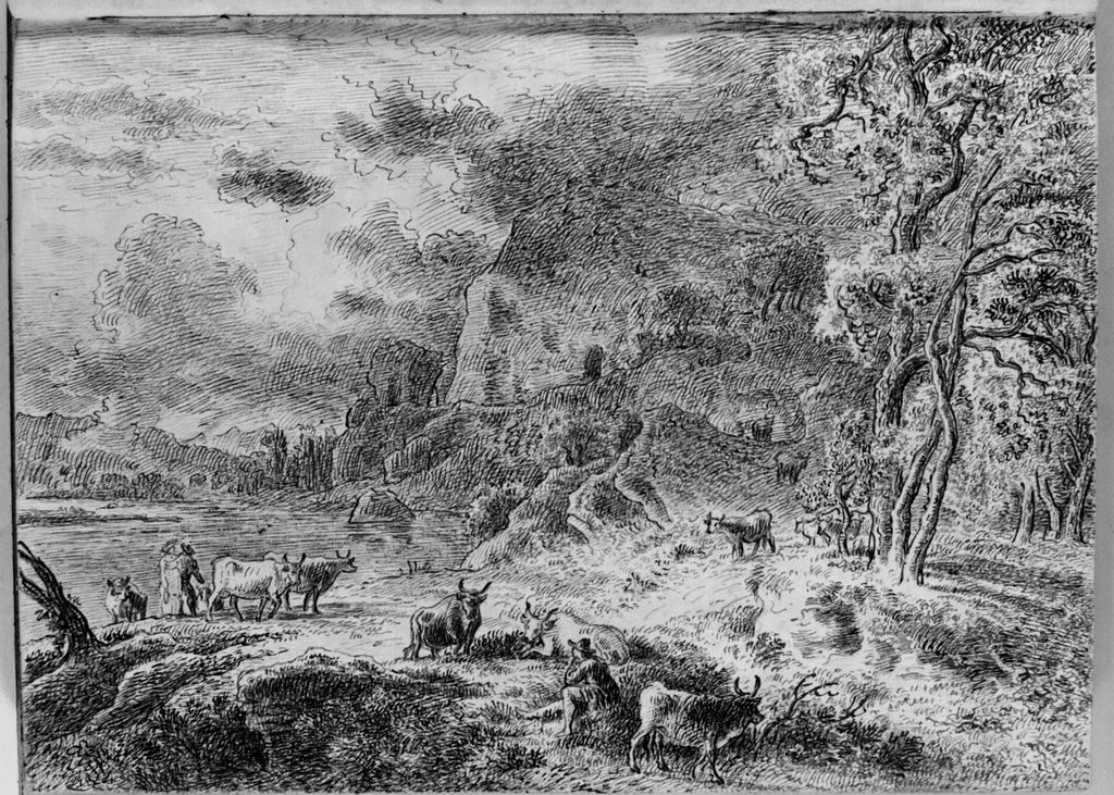 paesaggio lacustre (disegno, elemento d'insieme) di Campedelli Ottavio (metà sec. XIX)