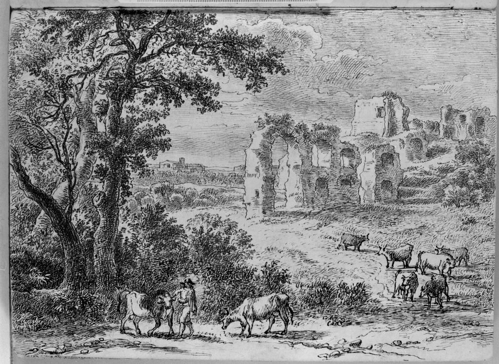 paesaggio con rovina (disegno, elemento d'insieme) di Campedelli Ottavio (metà sec. XIX)