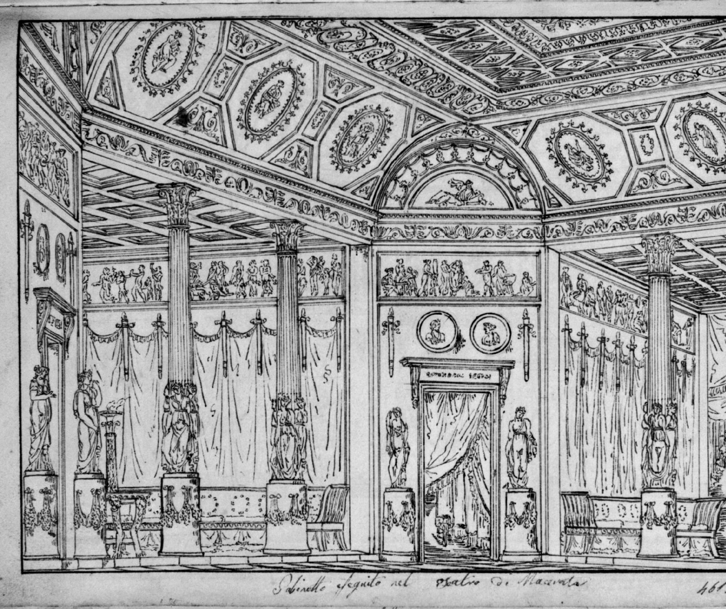 Gabinetto, Interno (disegno, elemento d'insieme) di Sandri Gaetano (attribuito), Basoli Antonio (scuola) (metà sec. XIX)