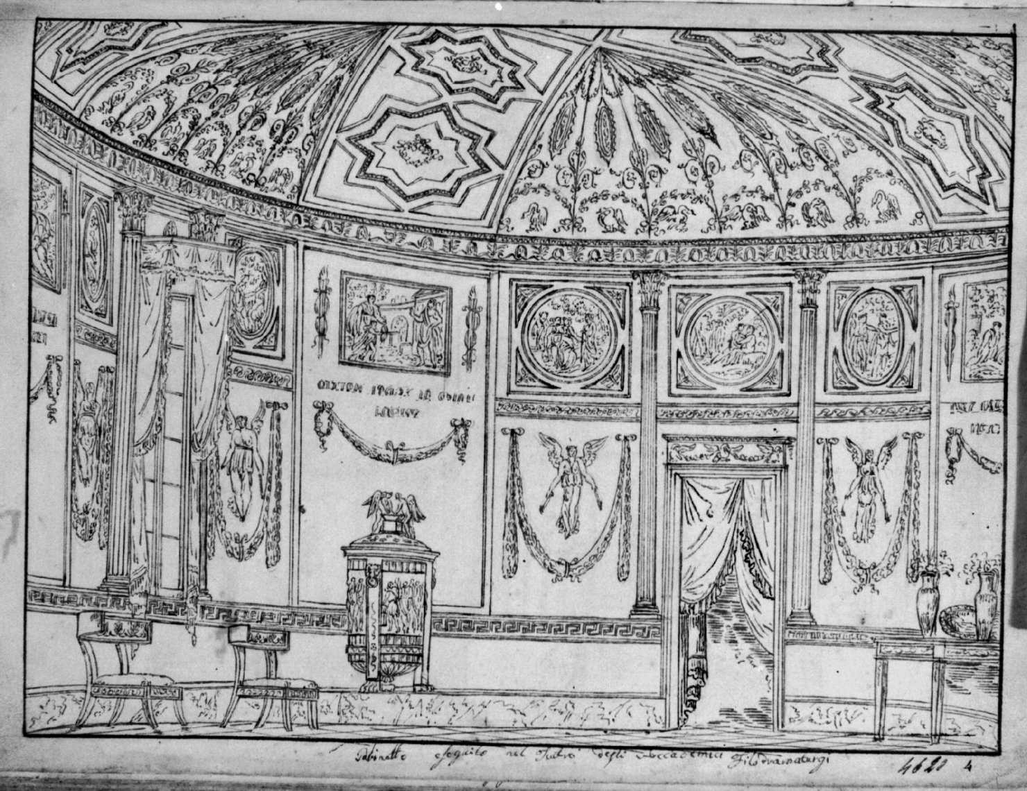 Gabinetto, Interno (disegno, elemento d'insieme) di Sandri Gaetano (attribuito), Basoli Antonio (scuola) (metà sec. XIX)