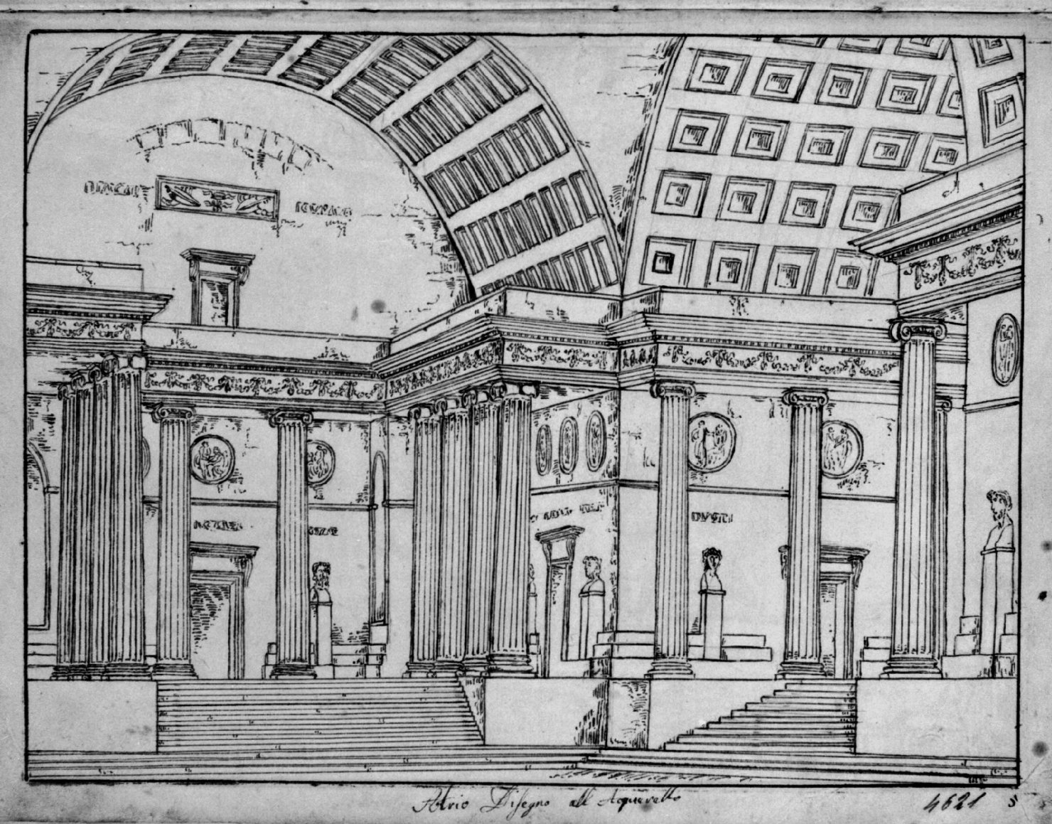 Atrio disegno all'acquerello, Interno di edificio antico (disegno, elemento d'insieme) di Sandri Gaetano (attribuito), Basoli Antonio (scuola) (metà sec. XIX)
